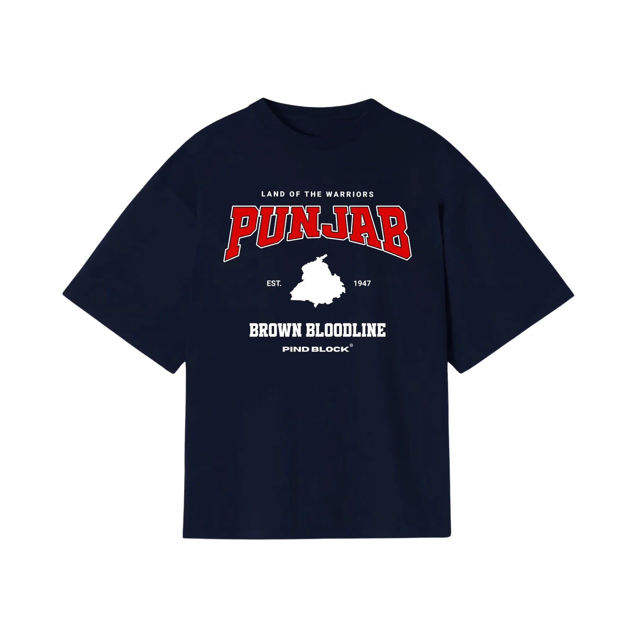 Front of Navy t-shirt featuring "Punjab" in bold red letters, a white map. Punjabi streetwear style.