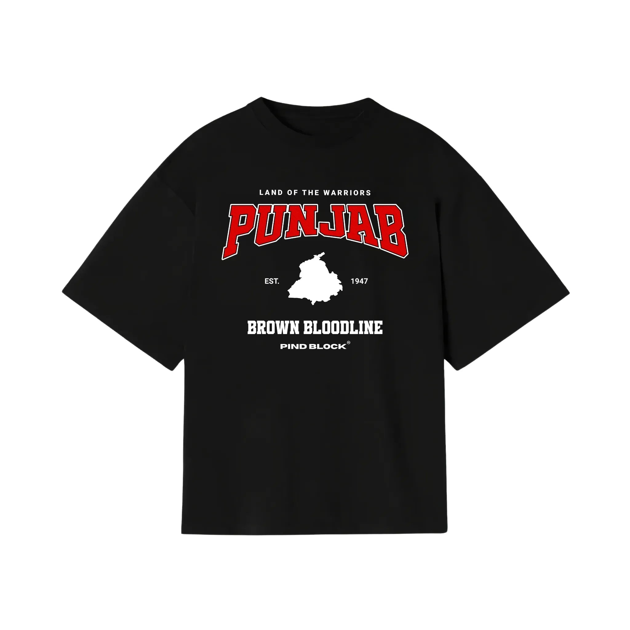 Front of Black t-shirt featuring "Punjab" in bold red letters, a white map. Punjabi streetwear style.