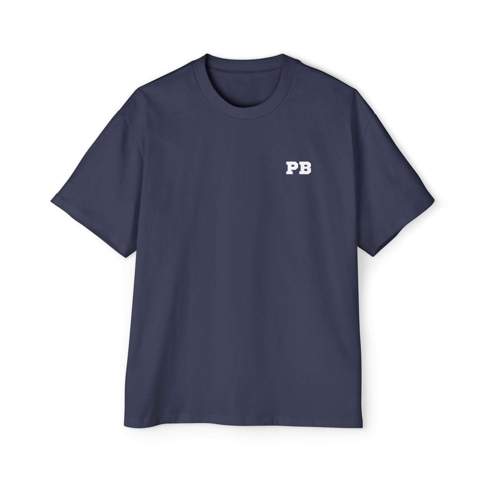 Vintage oversized tee in navy blue with 'PB' logo, combining classic style and modern streetwear aesthetics.