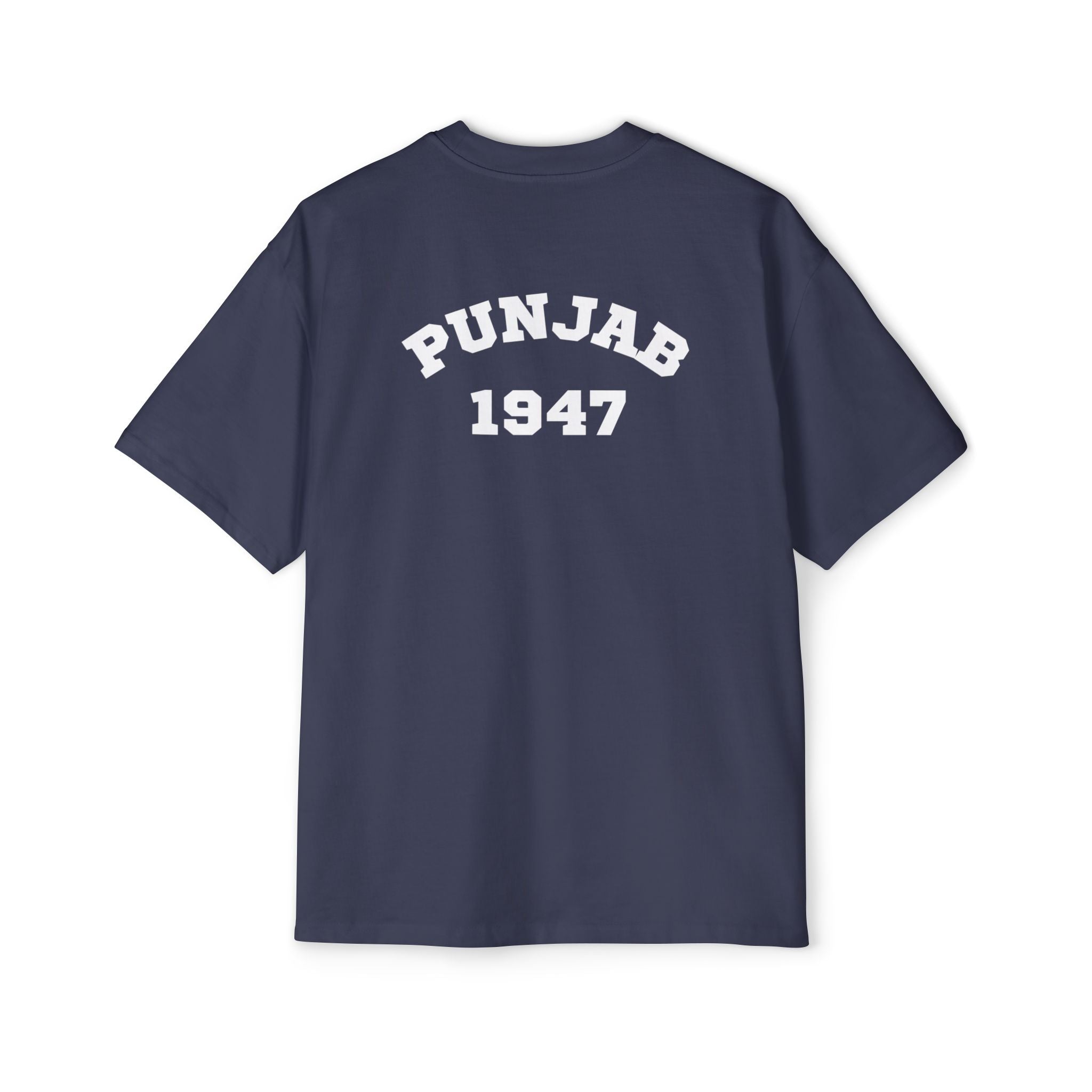 Back view of a navy blue Vintage Oversized Tee featuring 'PUNJAB 1947' printed in white, blending classic and streetwear style.